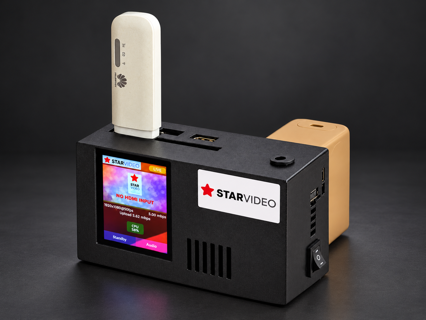 StarVideo HQ103 encoder with touch display, shown with attached USB modem and battery