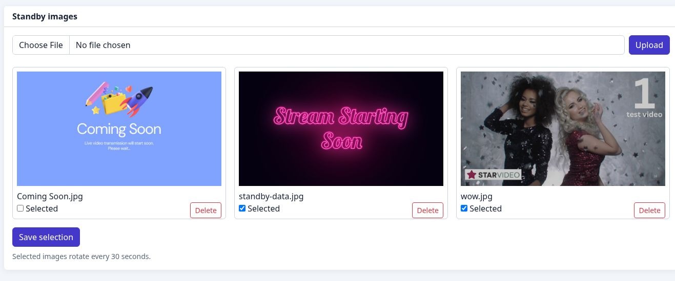 Standby images control panel screenshot